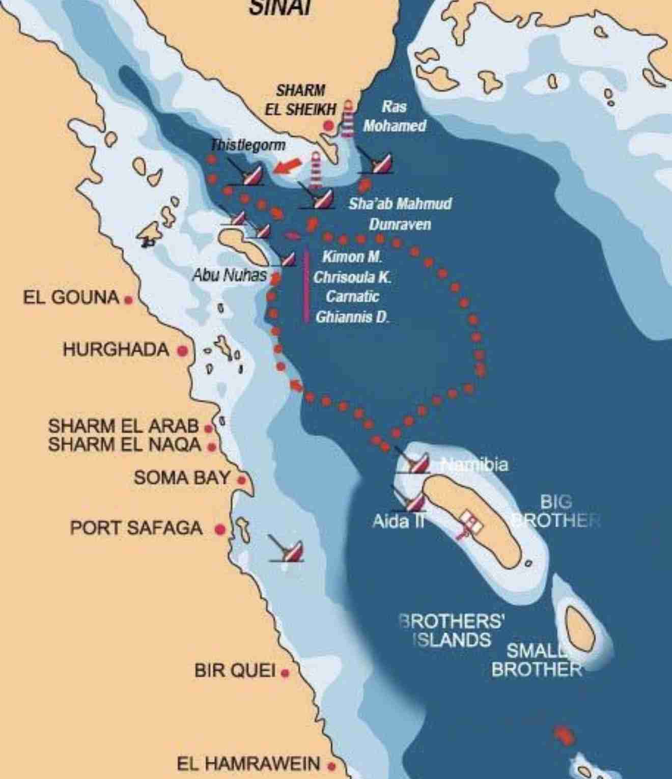 Chart of the northern Red Sea showing the route from Hurghada to Ras Mohammed and the Brothers Islands