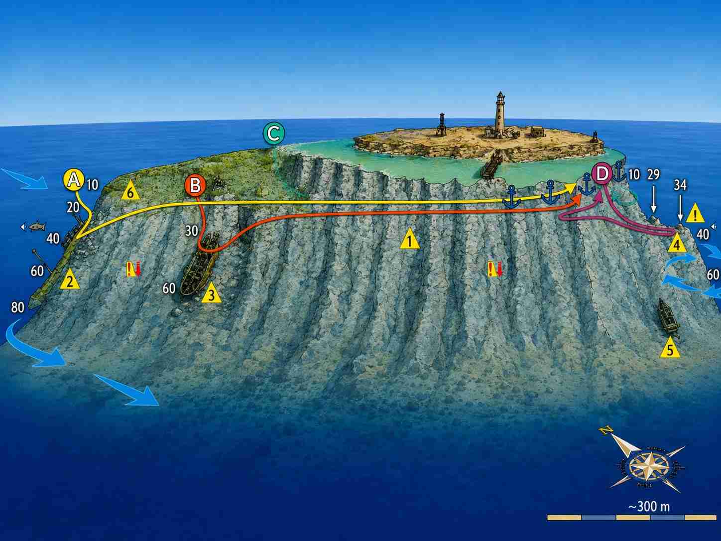 Big Brother dive site map showing the routes and the two wrecks