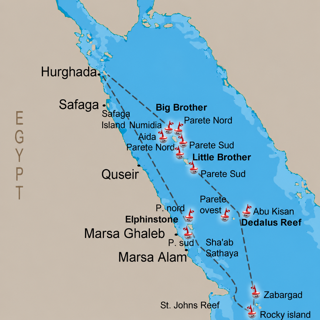 Map of the Red Sea showing Big Brother offshore from El Quseir