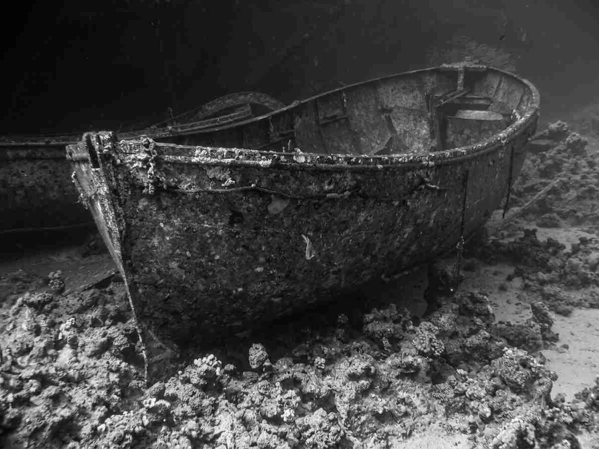 A lifeboat still hanging in its davits