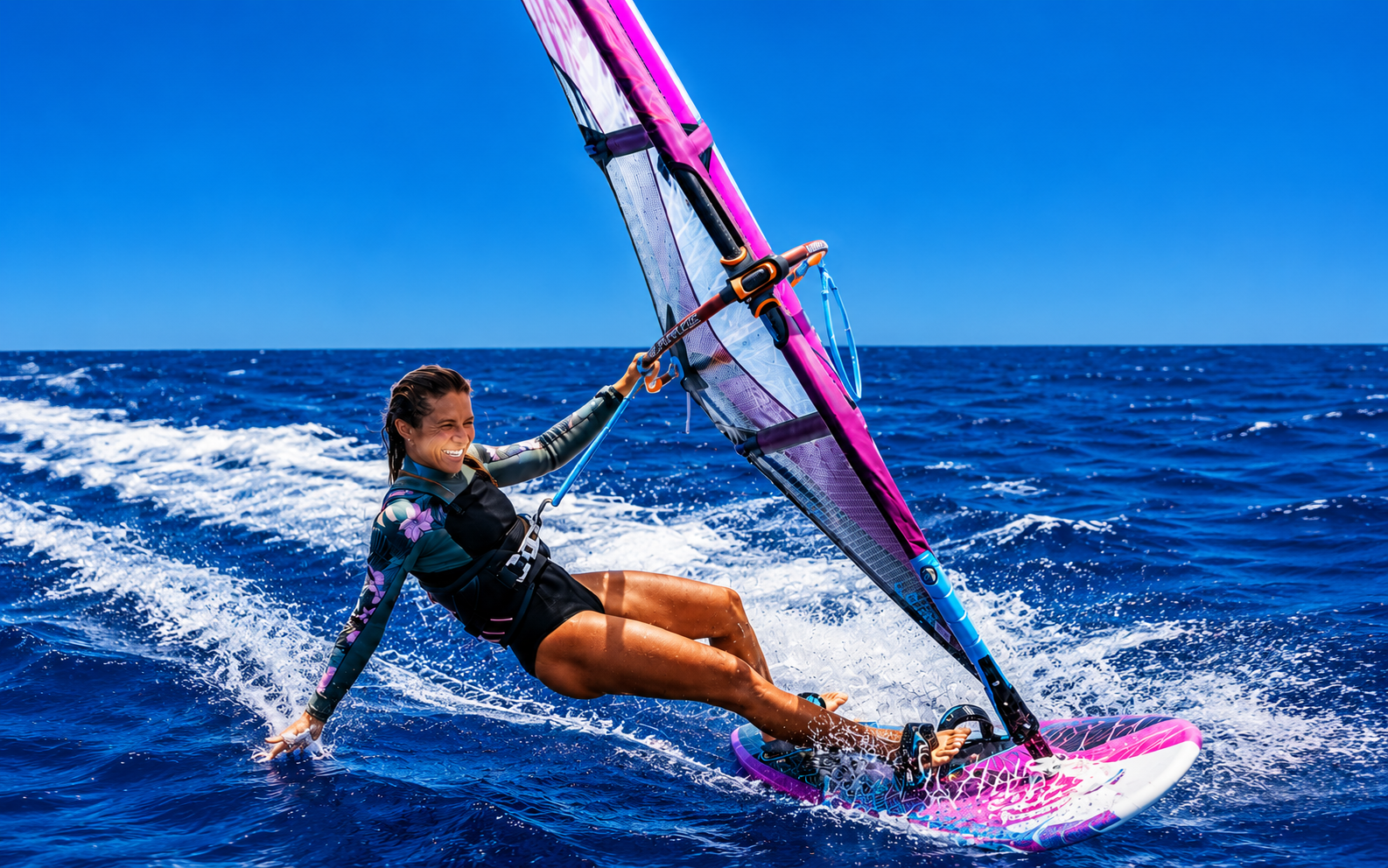 Experienced windsurfer carving at speed across the open Red Sea