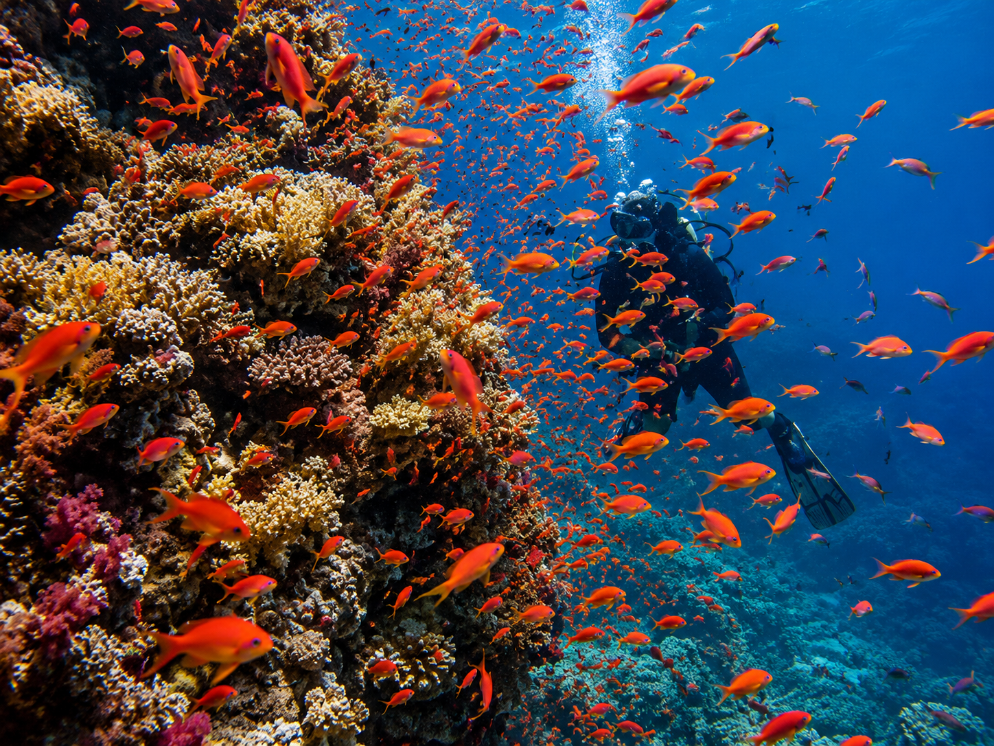 Hundreds of colorful anthias above a Red Sea coral reef beside a scuba diver