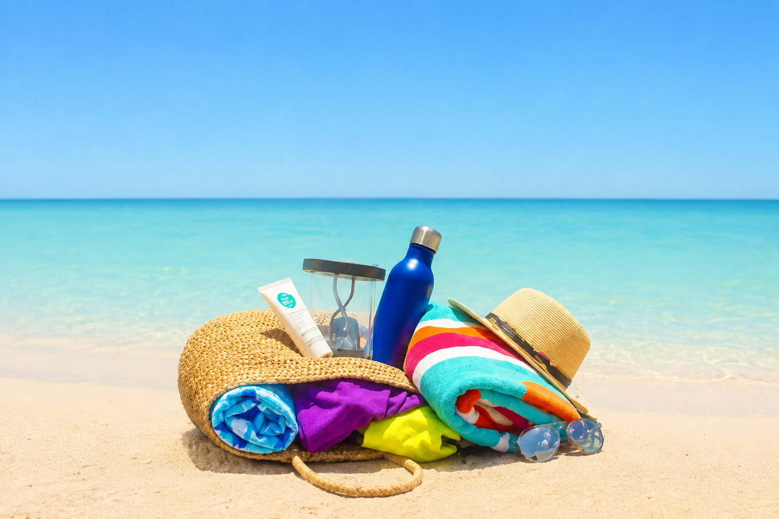 Beach essentials for a Red Sea island day with towels, sun hat, sunscreen and sunglasses