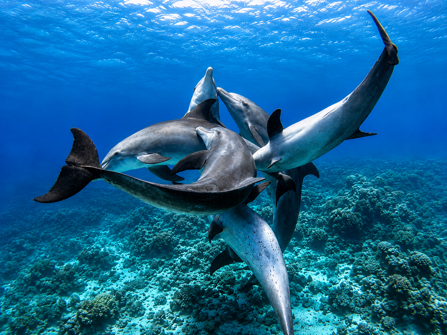 Pod of bottlenose dolphins swimming above a coral reef in the Red Sea