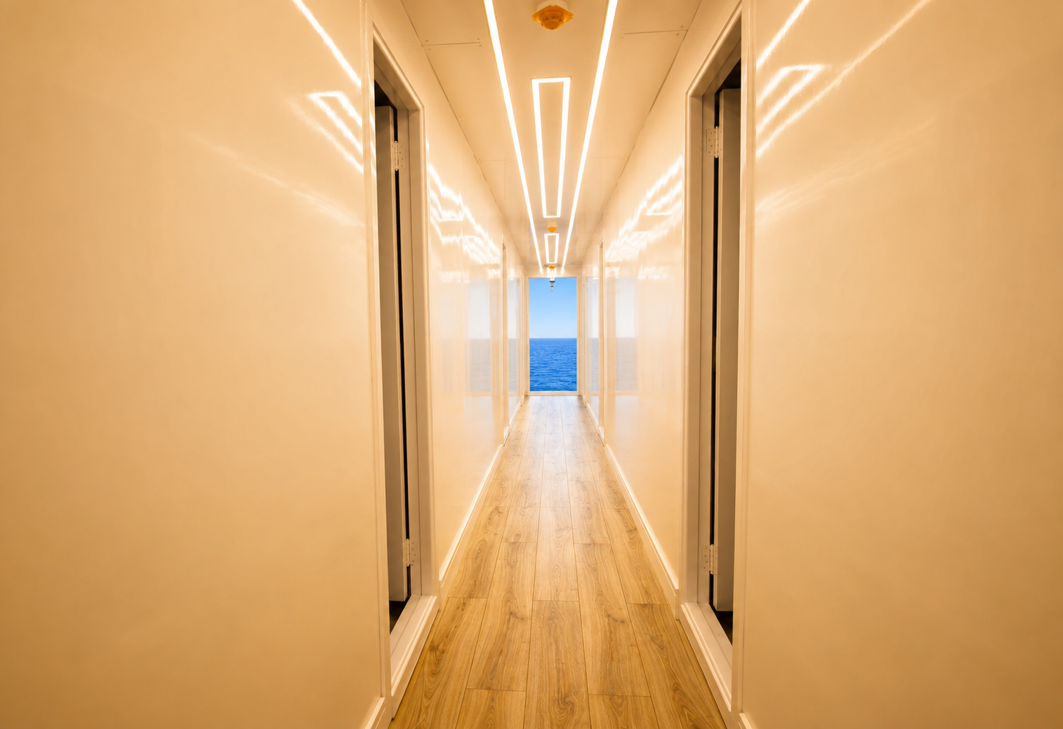 Lit corridor between the guest cabins