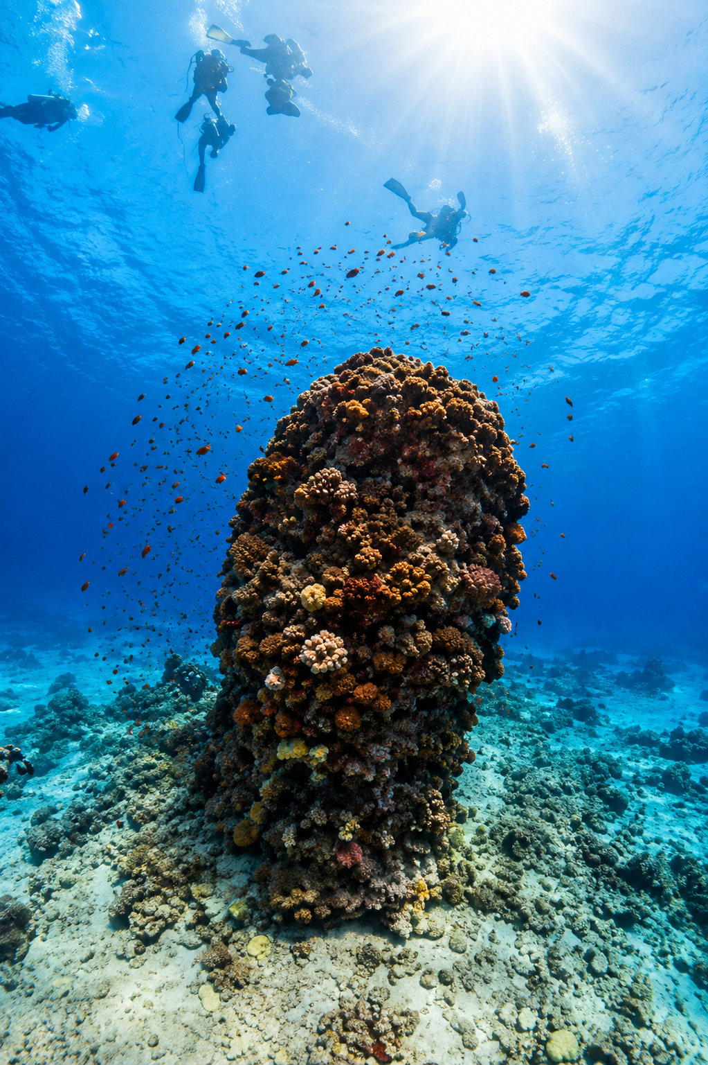 Scuba divers exploring a coral pinnacle full of colorful reef fish in the Red Sea near Hurghada