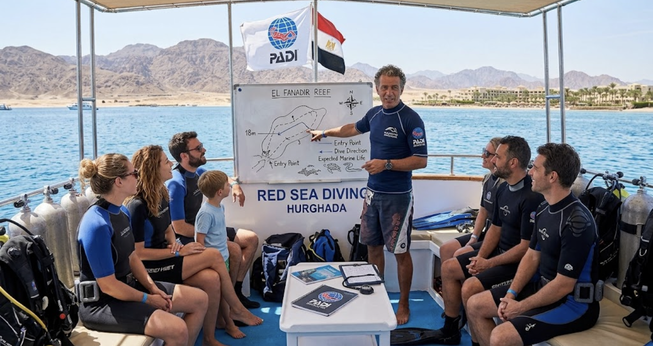Red Sea Diving guide giving the daily diving briefing to divers onboard the boat