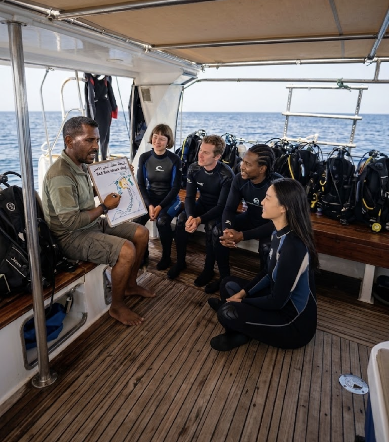 Dive guide explaining the dive site and dive plan to a group of divers before entering the water