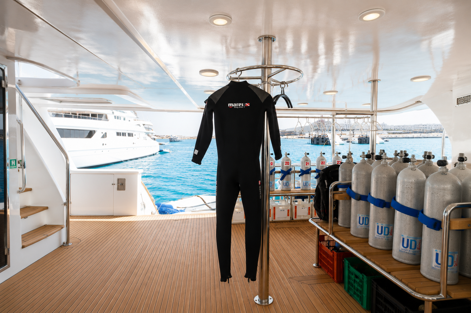 Dive deck aboard the Ramadan 3 liveaboard with gear stations