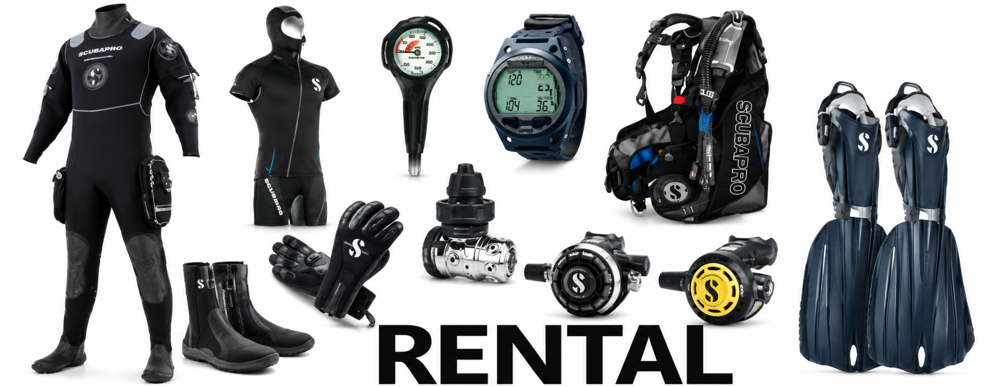 Rental scuba diving equipment including wetsuits, BCDs, regulators, fins and accessories