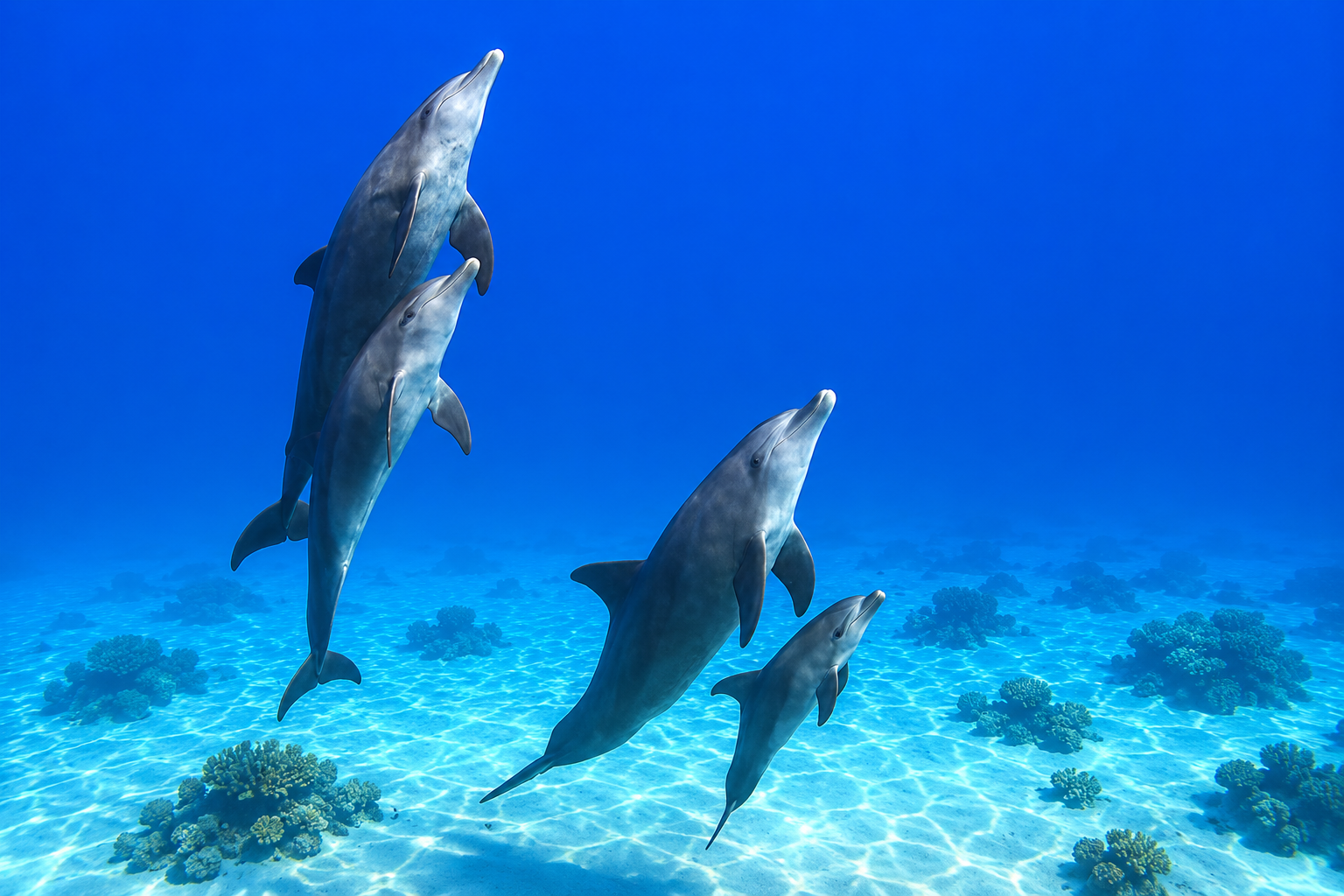 Family of bottlenose dolphins swimming above the sandy seabed and coral formations of the Red Sea