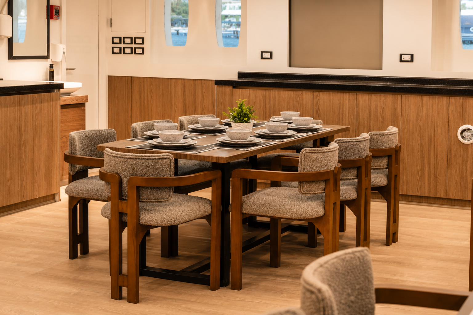 Dining area of the Sea Treasure liveaboard set for a meal