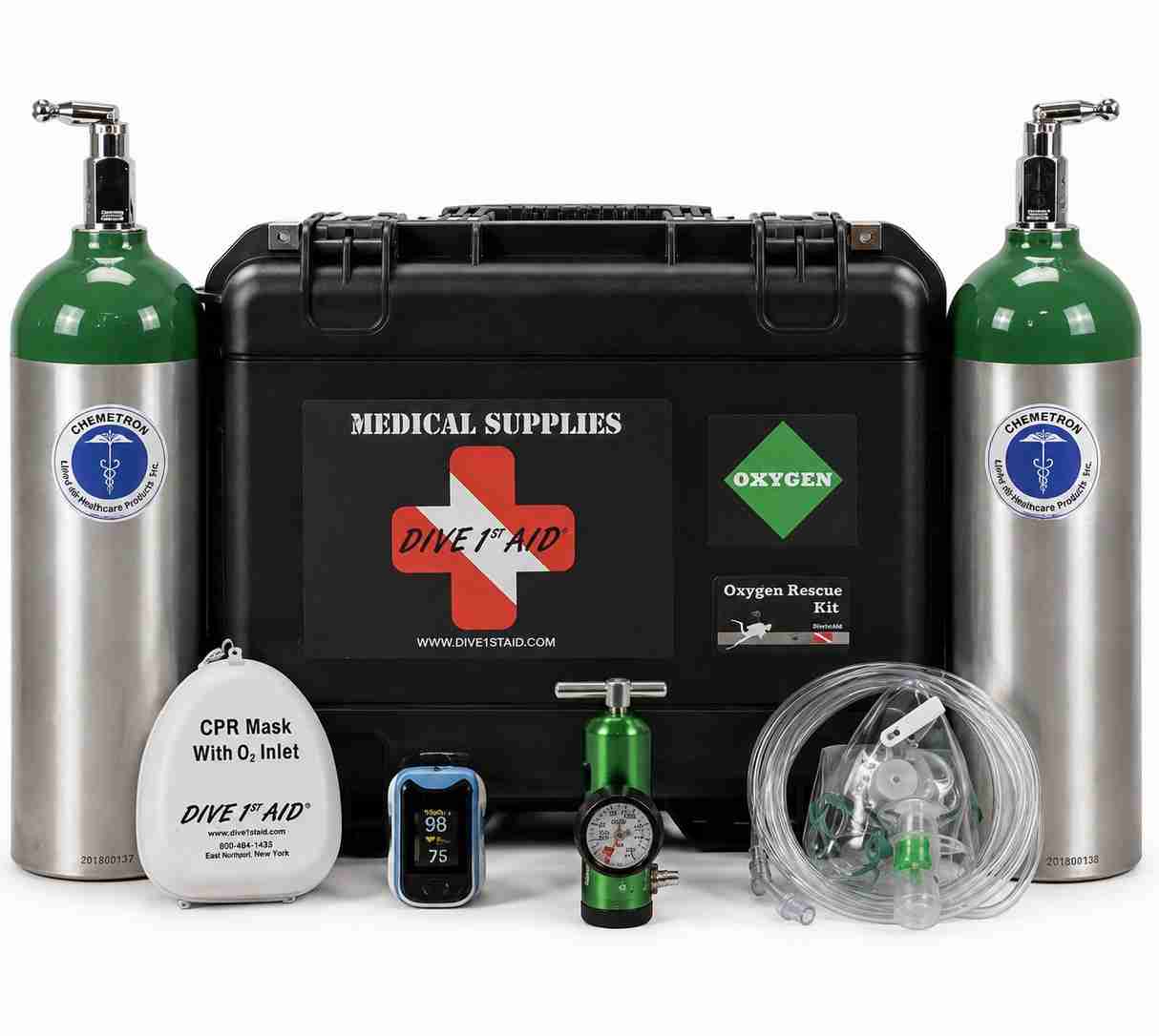 Emergency oxygen rescue kit with cylinders, regulator and masks for diving safety