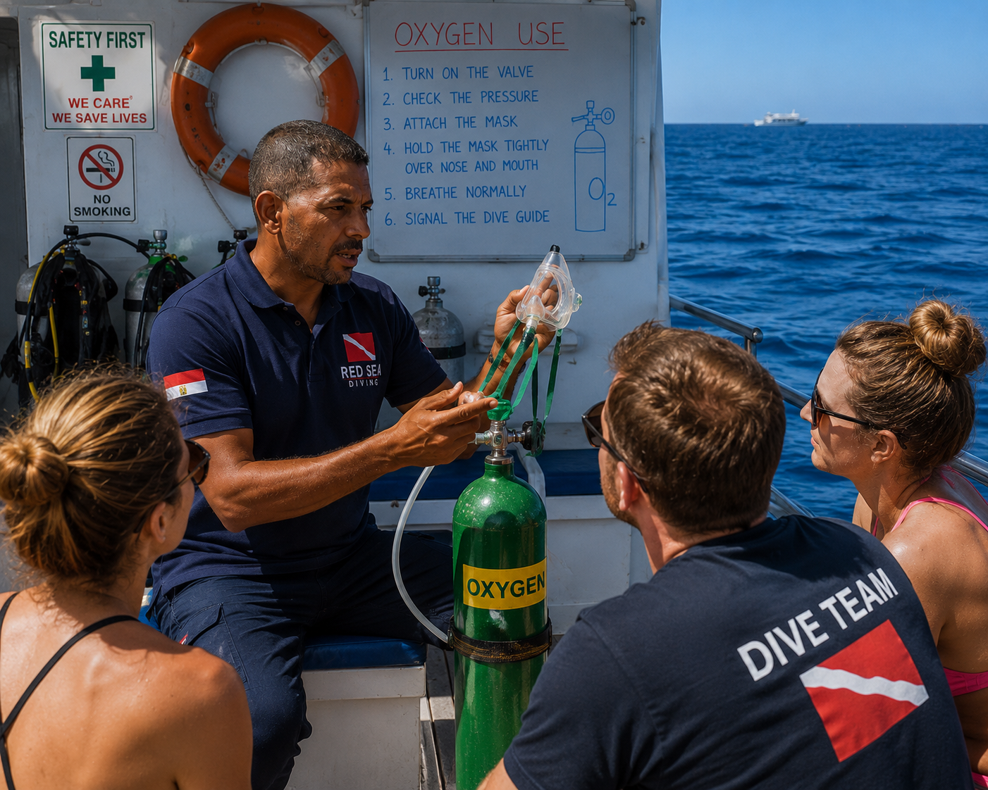 Red Sea Diving instructor demonstrating emergency oxygen equipment during an onboard safety training session