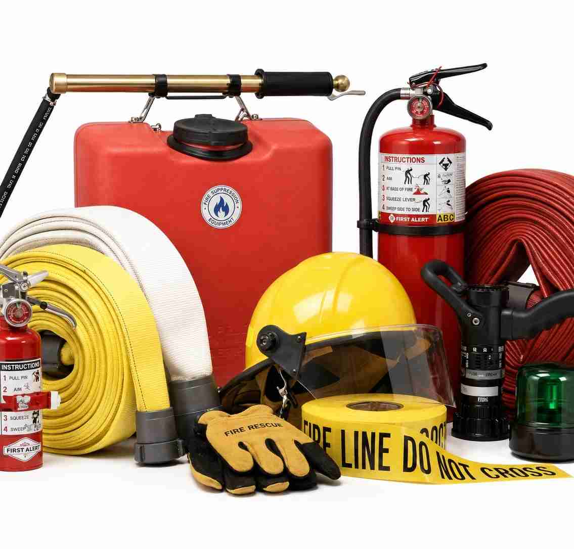 Onboard firefighting equipment including extinguishers, hoses and helmet