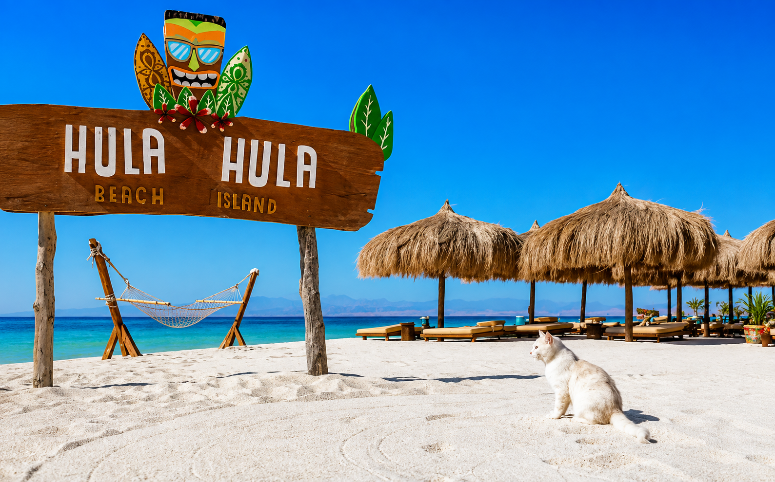 Hula Hula beach in Hurghada with white sand, thatched umbrellas and turquoise Red Sea water