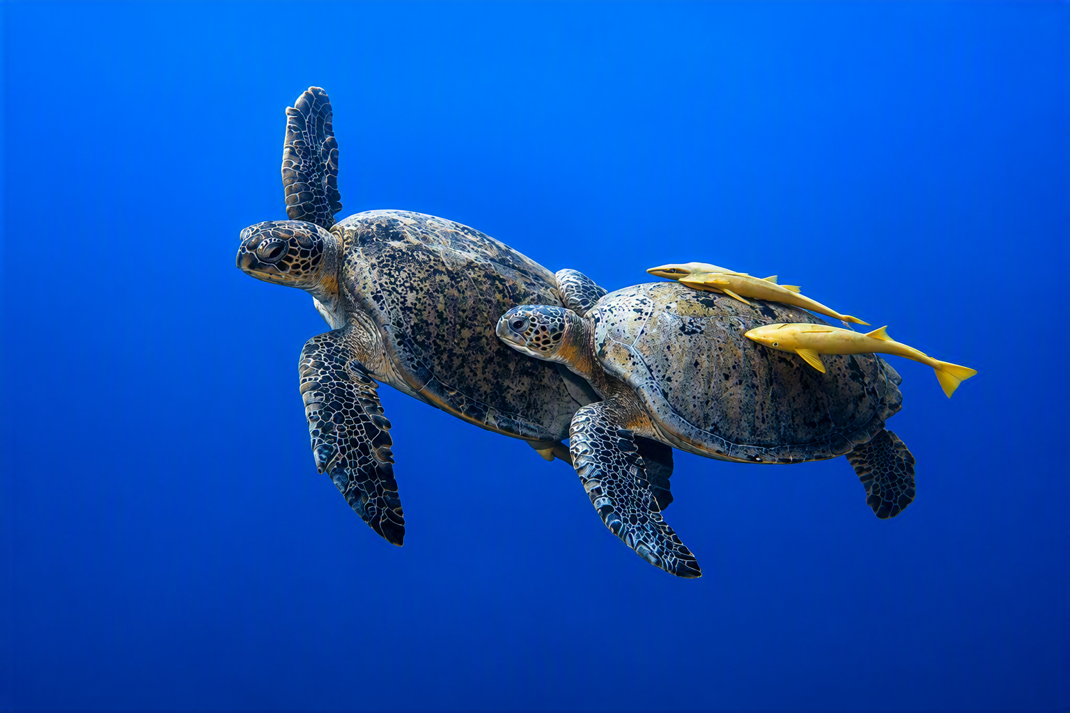Two hawksbill sea turtles swimming through clear Red Sea water