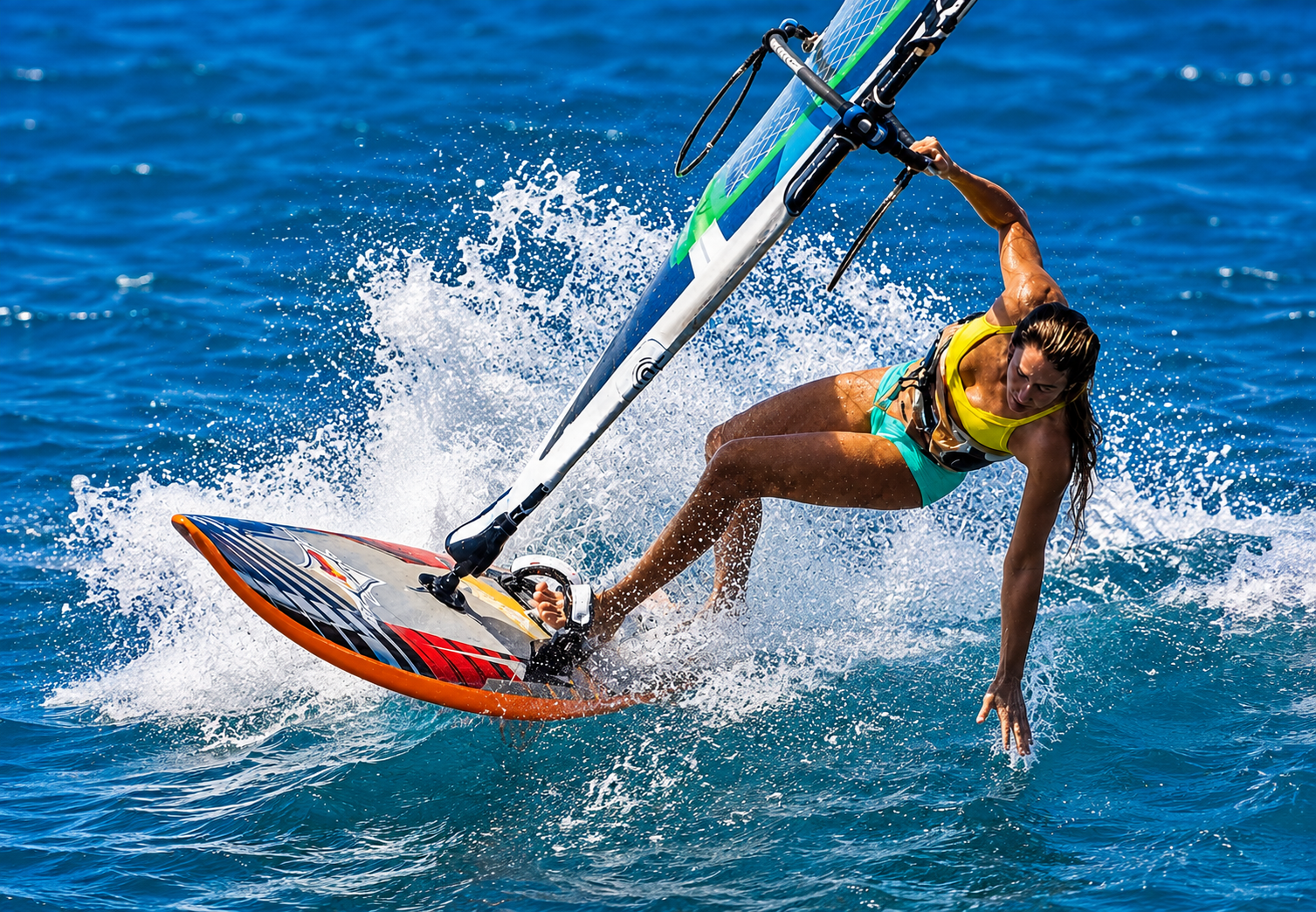 Advanced windsurfing in Hurghada with a rider throwing spray in a high-speed carve