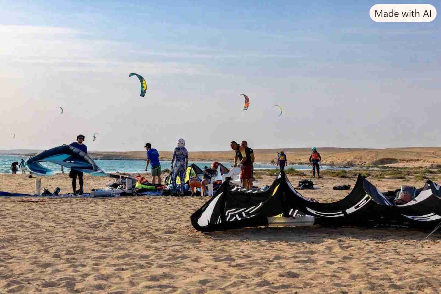 Kitesurfers preparing their equipment on the beach before a session