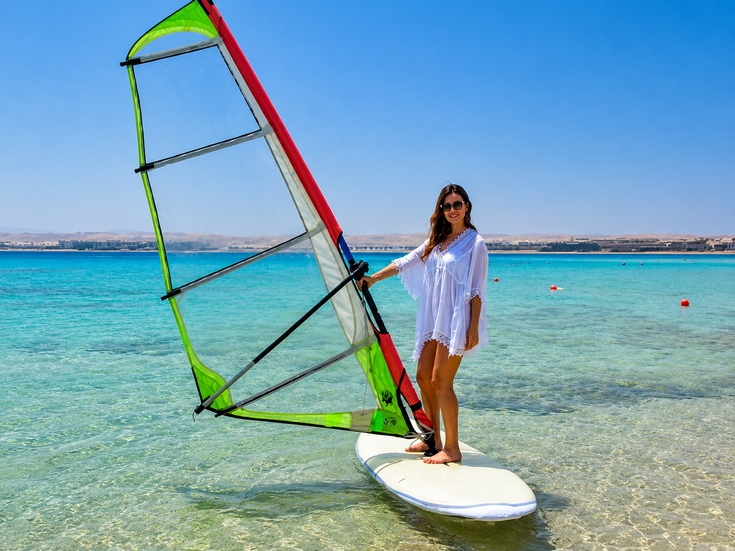 Beginner-friendly windsurfing in Hurghada in shallow crystal-clear Red Sea water