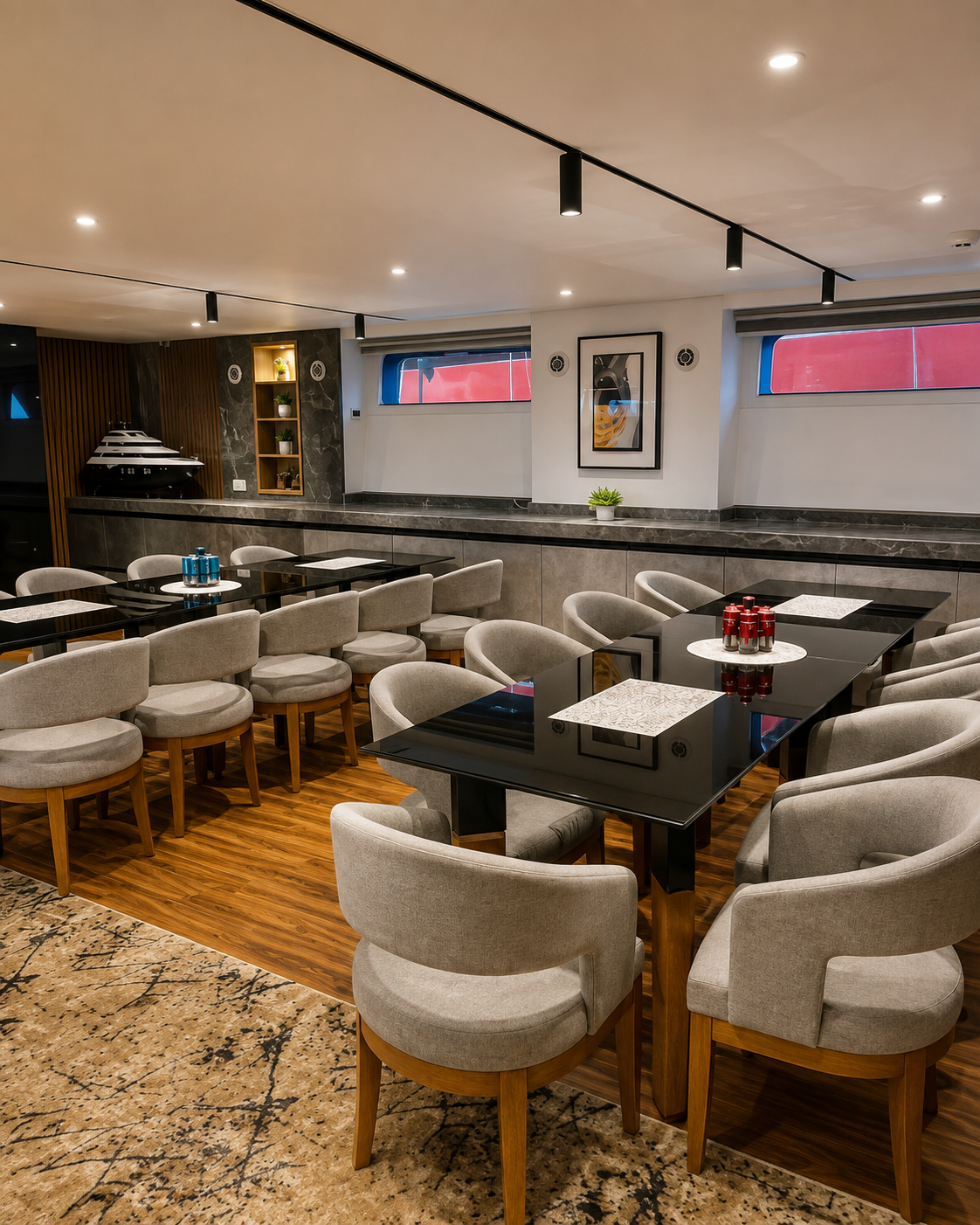 Restaurant laid for dinner on board