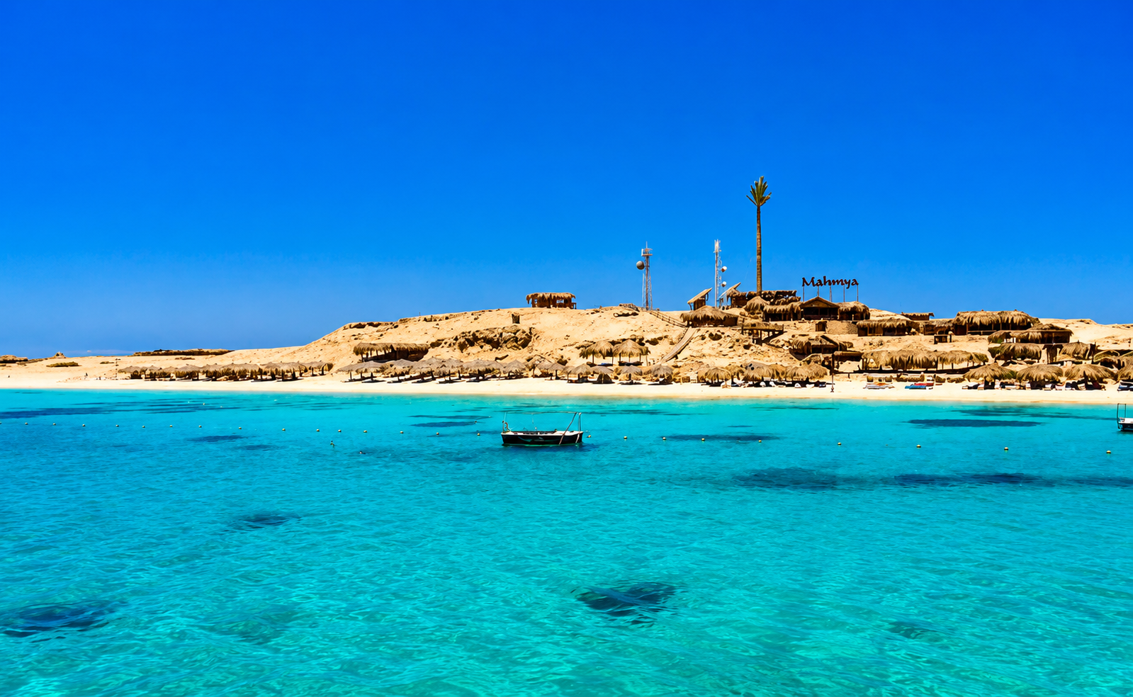 Mahmya beach on Giftun Island with white sand and clear turquoise Red Sea water near Hurghada