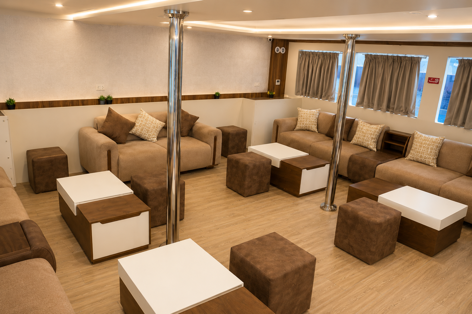 Air-conditioned main salon with comfortable lounge seating