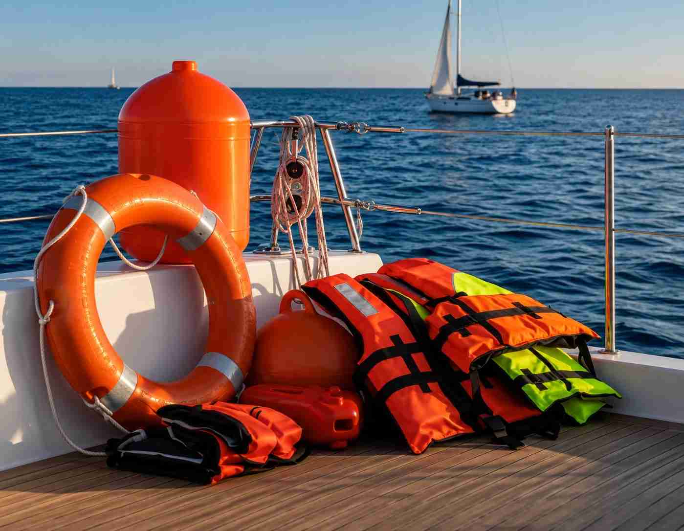 Life jackets, a lifebuoy and emergency flotation equipment onboard a daily diving boat