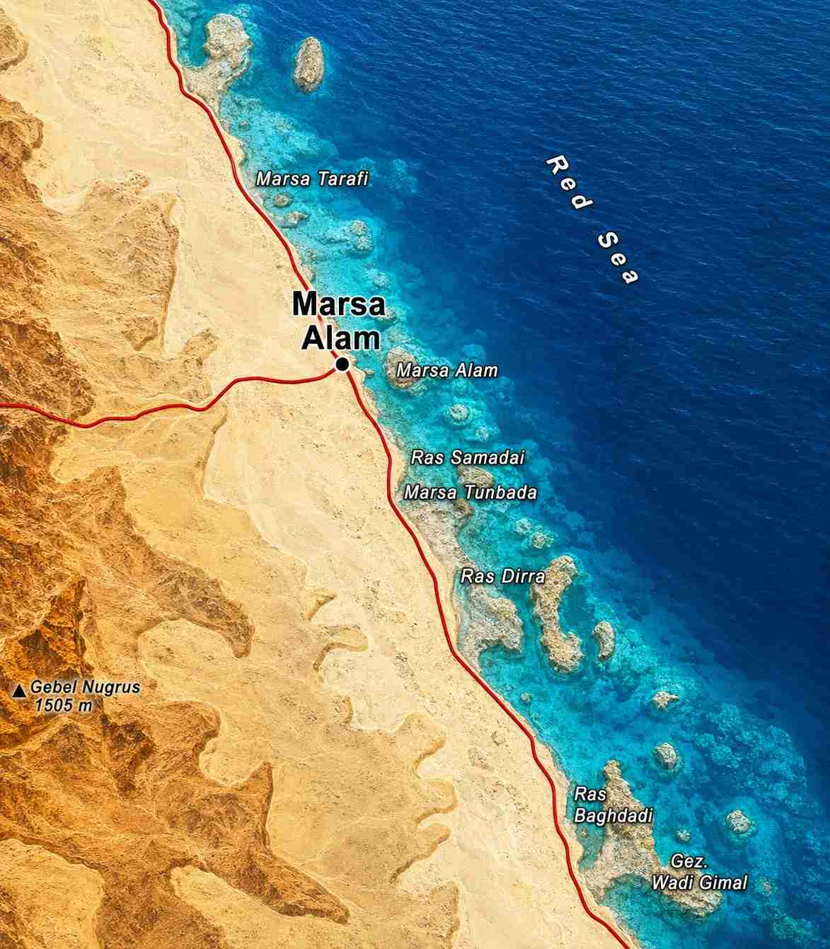 Map of Marsa Alam and the surrounding Red Sea coastline, showing nearby reefs and coastal dive areas in southern Egypt.