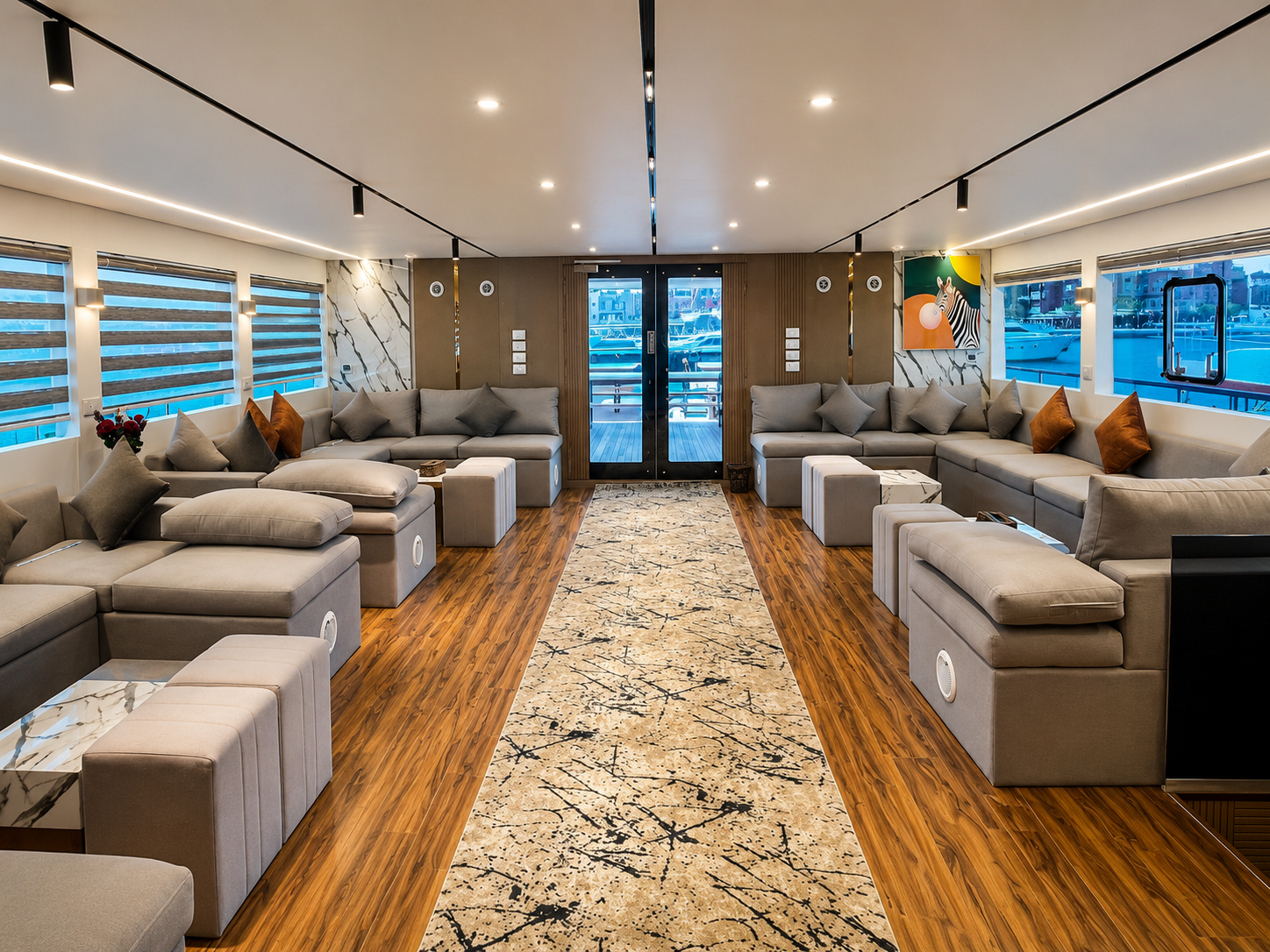 Panoramic indoor lounge on the Sea Fox Liveaboard Red Sea