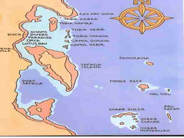 Map of the Safaga dive sites along the Red Sea coast south of Hurghada