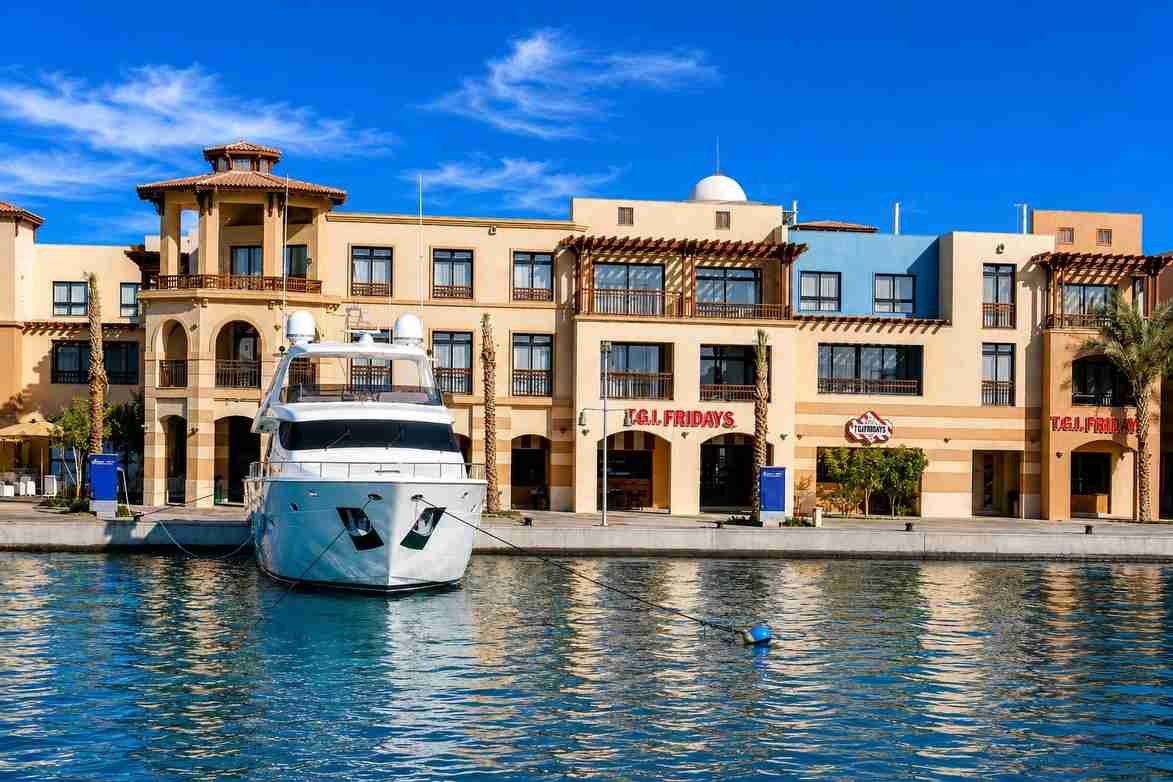 Luxury yacht moored at Port Ghalib Marina on the Red Sea coast of Egypt
