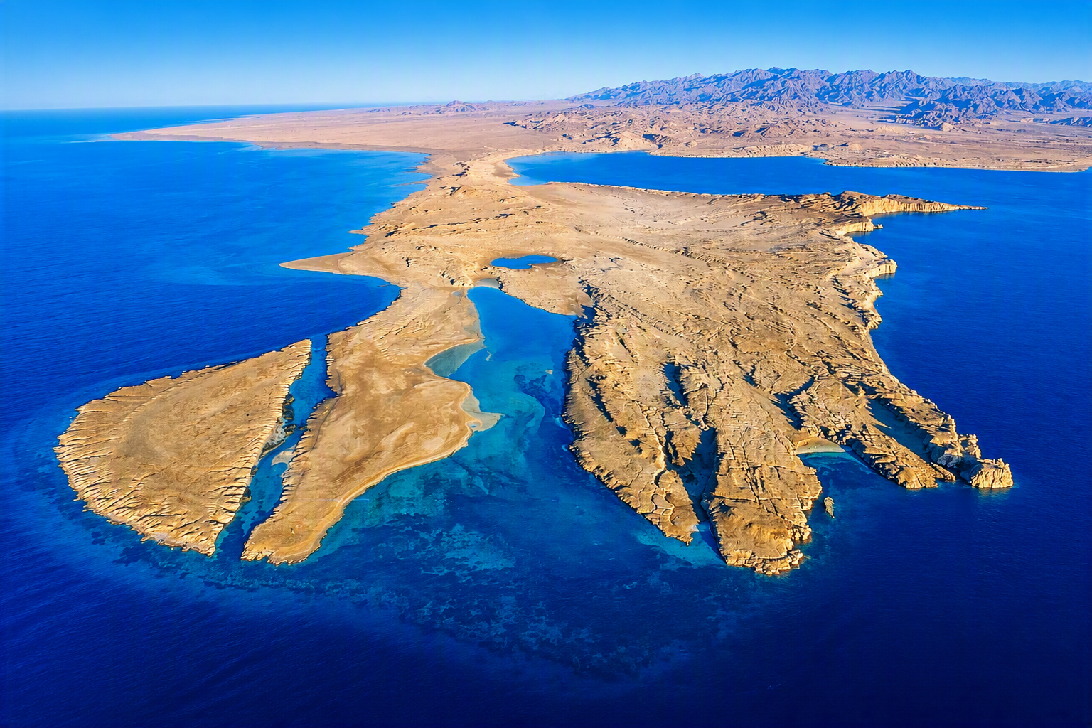 Aerial view of the Ras Mohammed diving peninsula near Sharm El Sheikh where desert meets the Red Sea