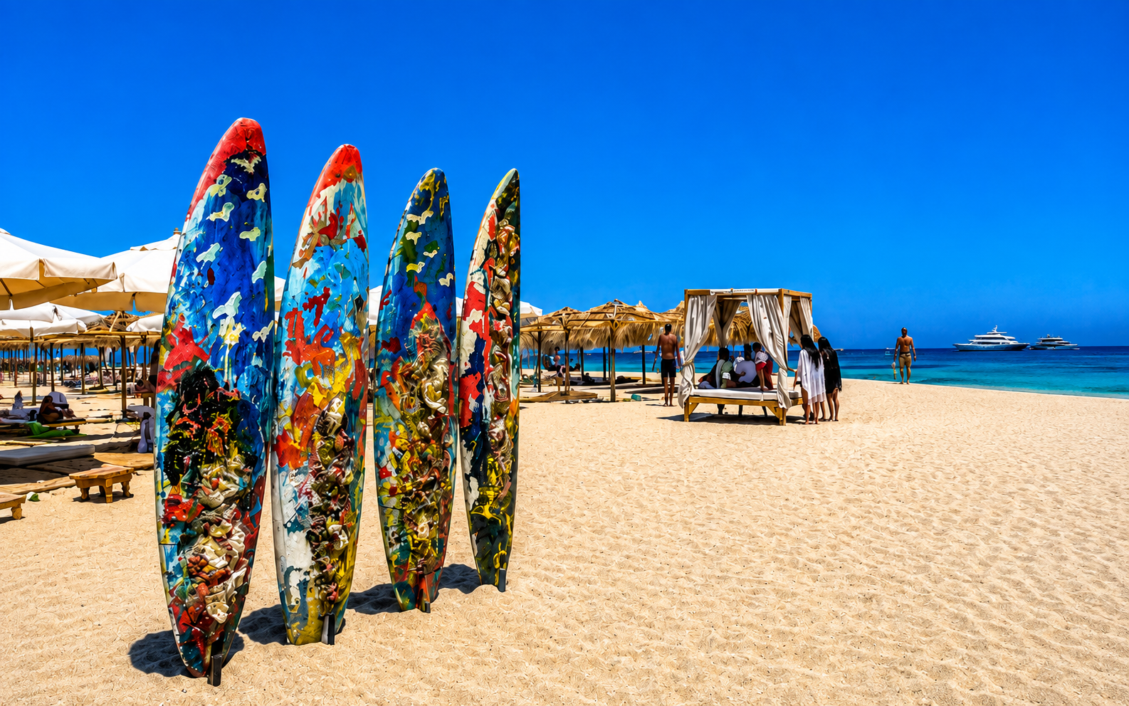 Colourful boards standing on a golden Red Sea beach beside turquoise water