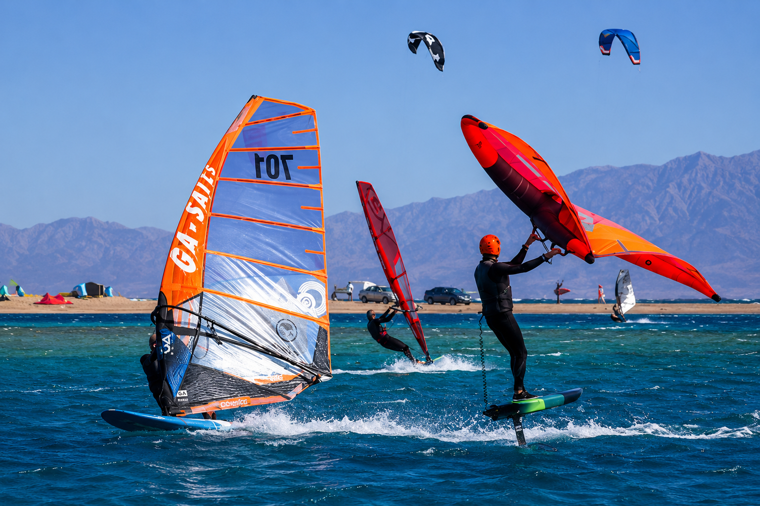 Windsurfing and wing foiling in Hurghada in strong steady Red Sea wind