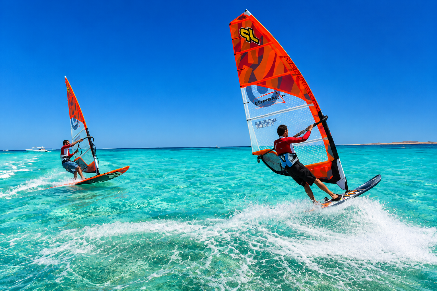 Two windsurfers racing across crystal-clear turquoise Red Sea water in steady wind