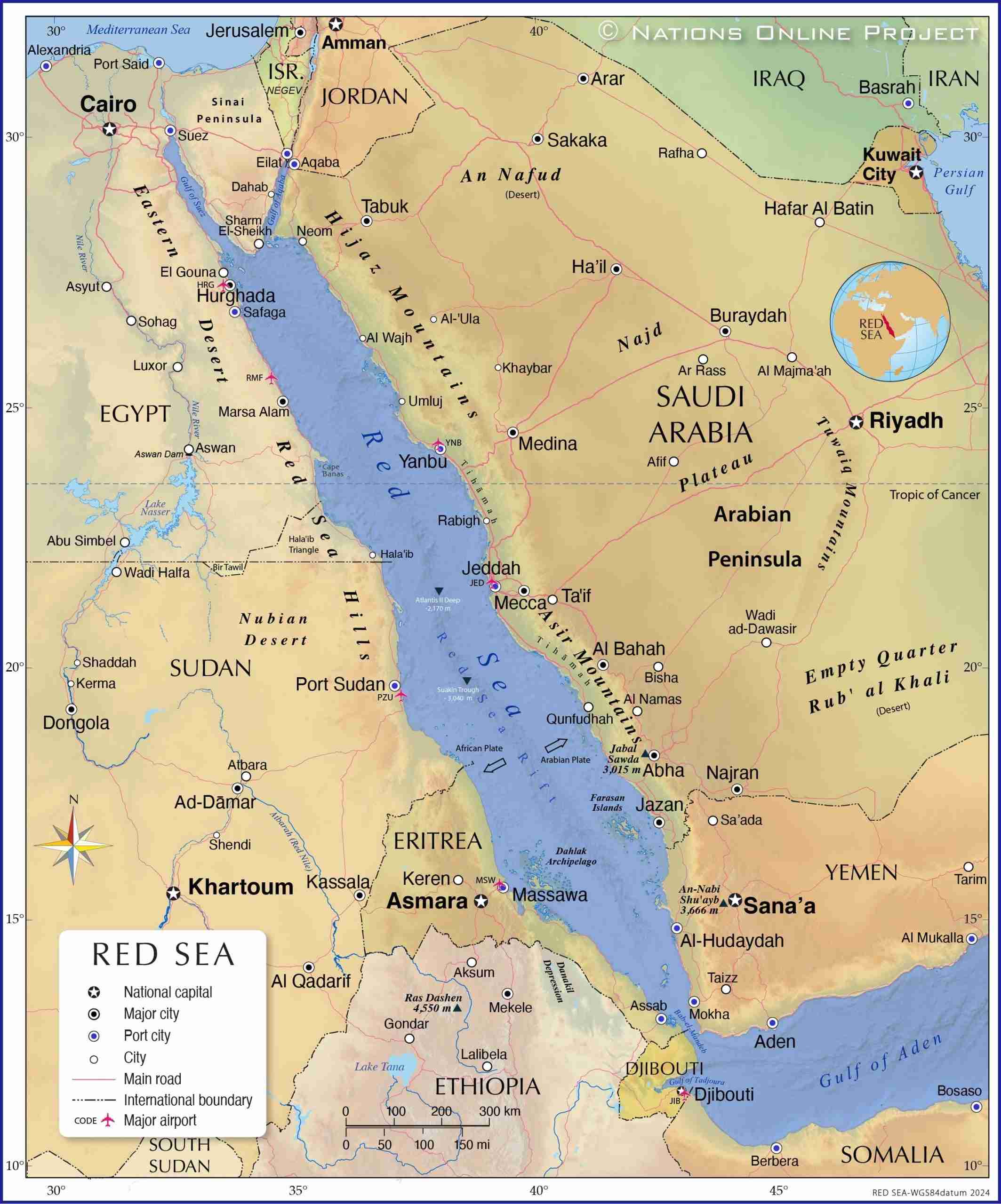 Map of the Red Sea between northeast Africa and the Arabian Peninsula