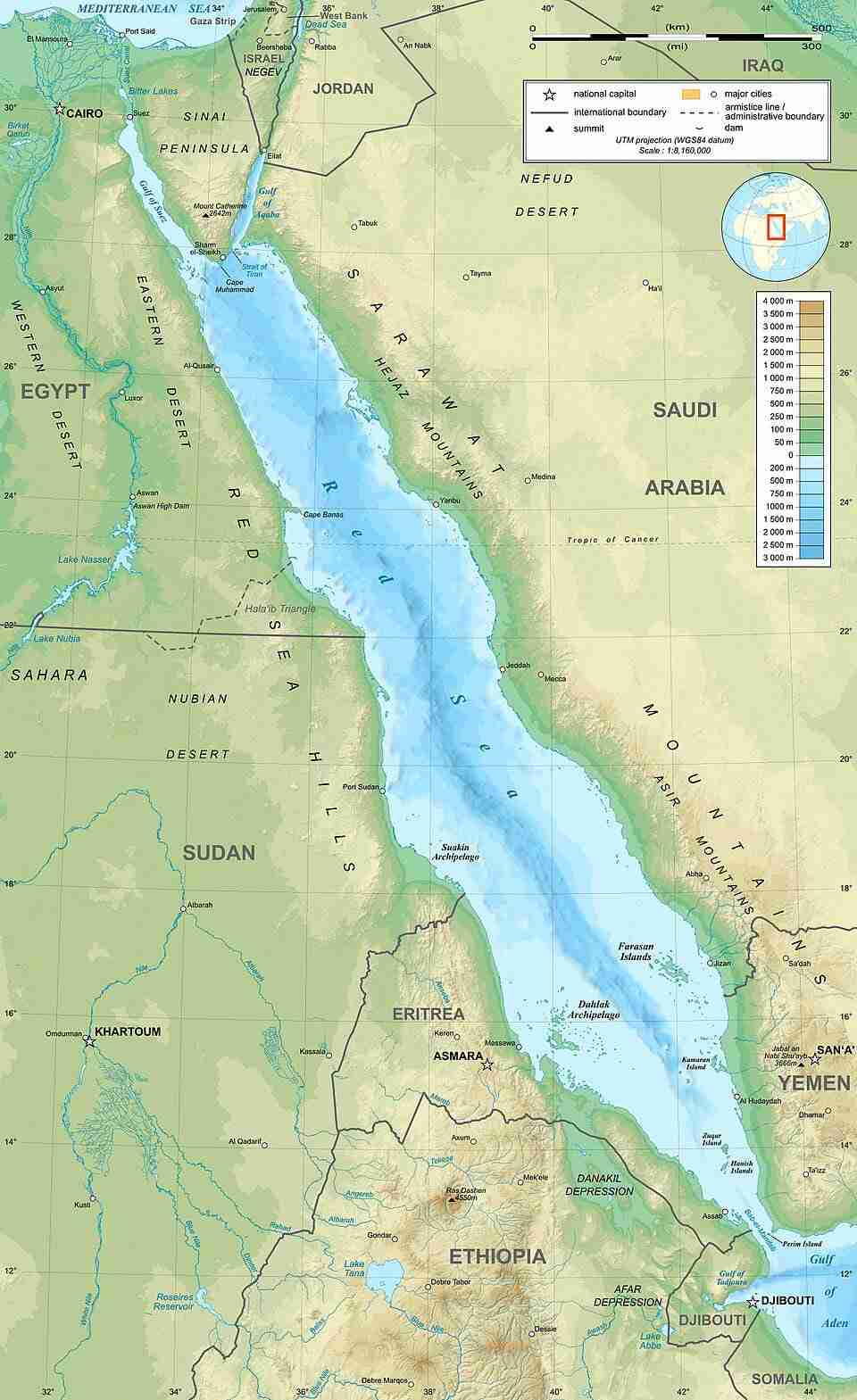 Topographic and bathymetric map of the Red Sea