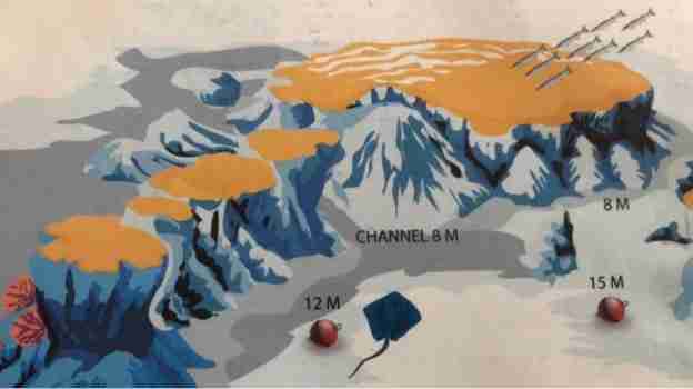 Map of Shaab Claude and its southern ridge of pinnacles