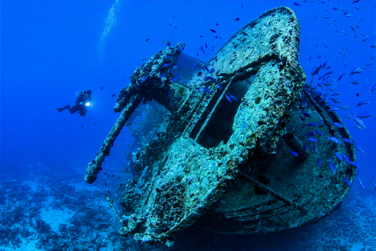 Diver exploring the SS Thistlegorm wreck surrounded by marine life