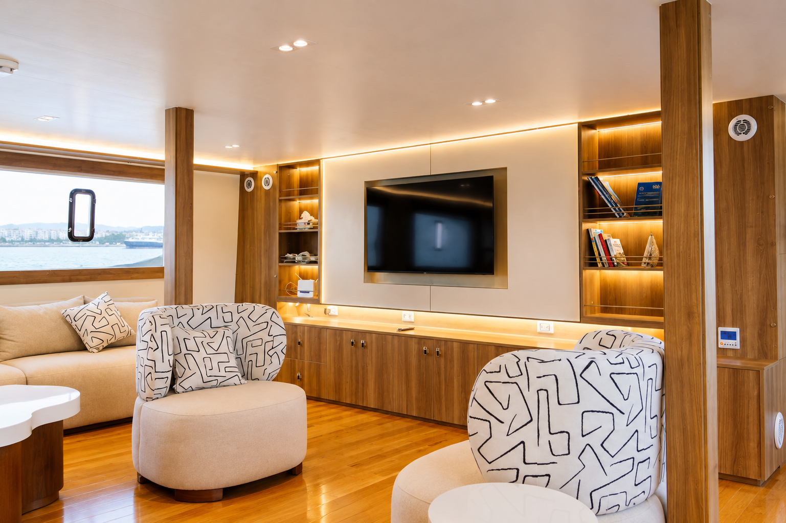 Air-conditioned salon with cream sofas