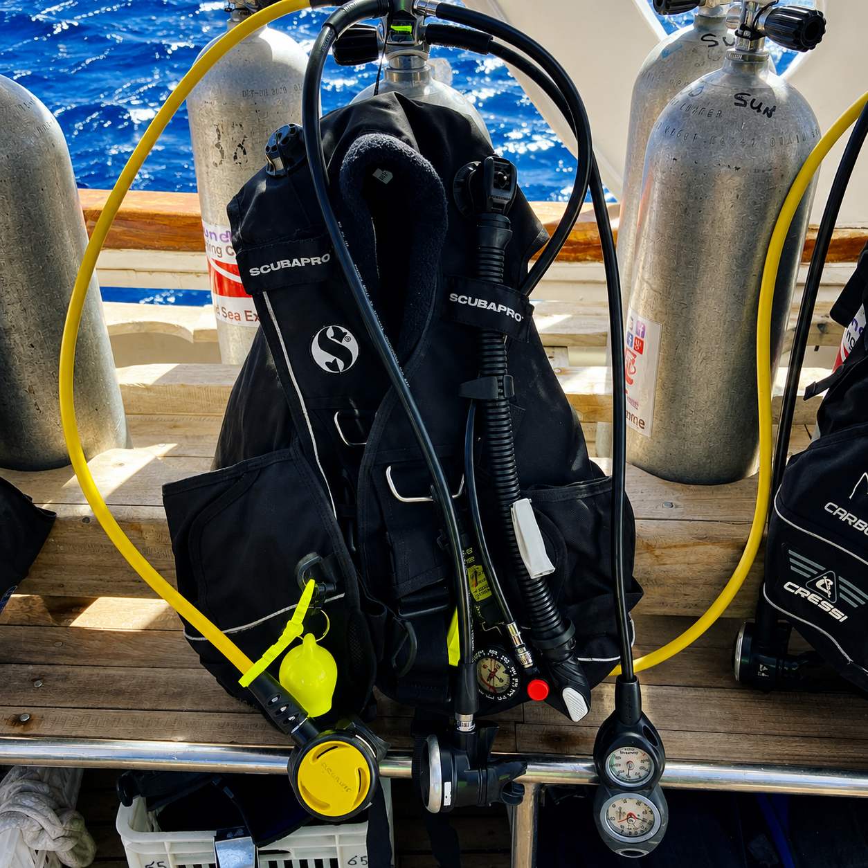 Complete scuba diving set with BCD, regulator, gauges and cylinders prepared onboard