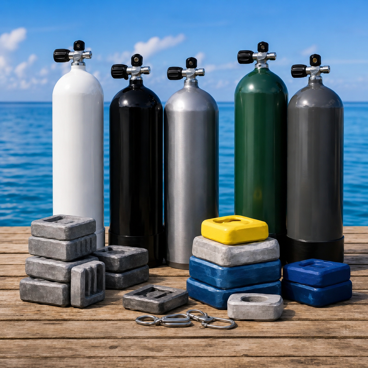 Scuba tanks and diving weights prepared onboard for a Red Sea diving day