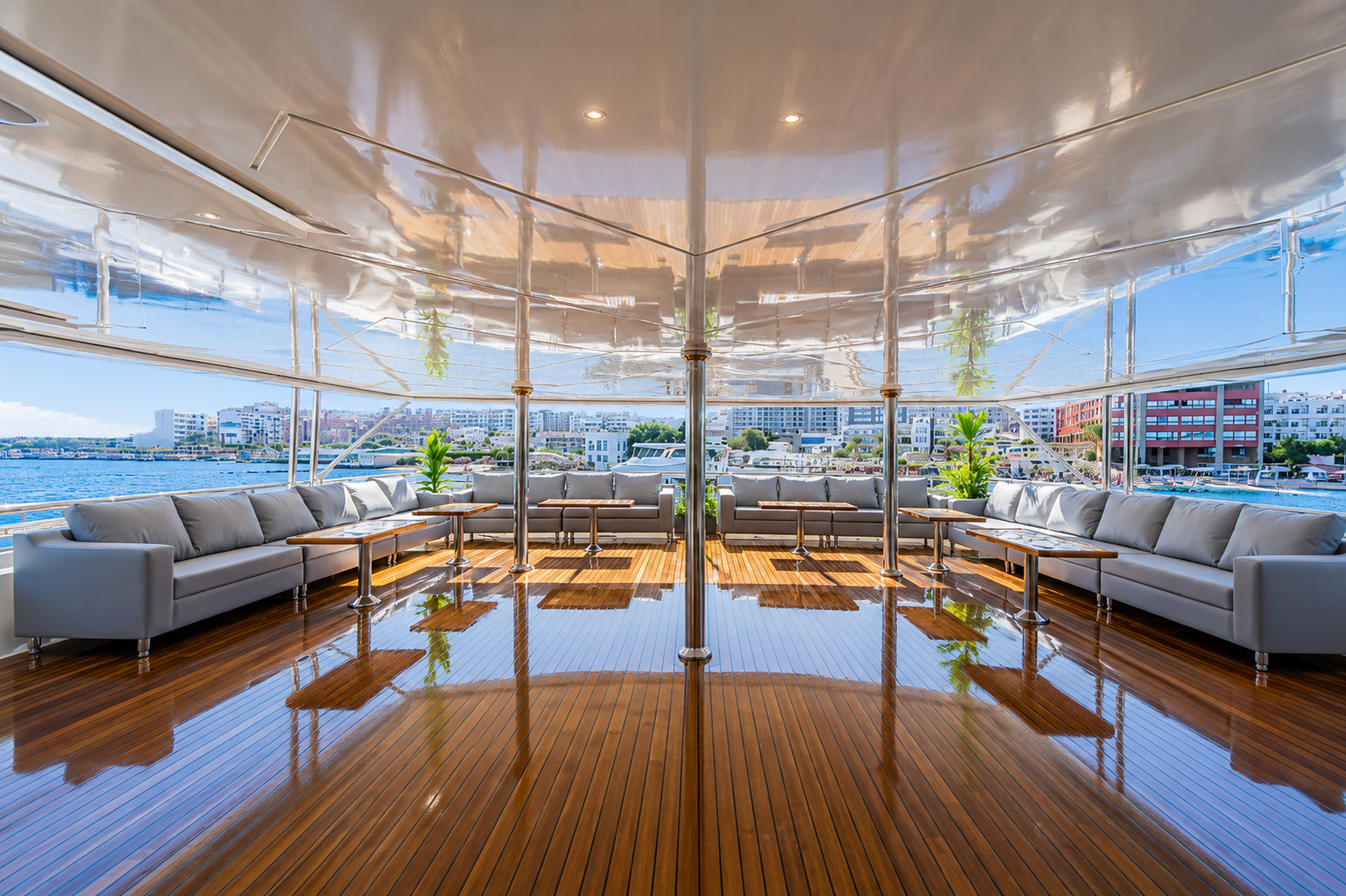 Shaded lounge seating on the sun deck of the Sea Treasure Liveaboard Egypt