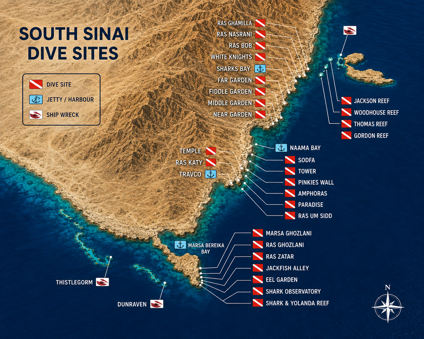 Map of the Sharm El Sheikh and South Sinai diving sites, reefs and wrecks