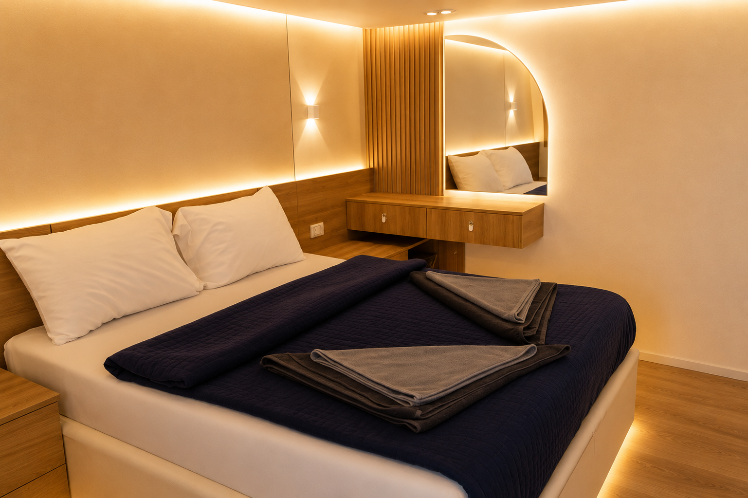 Suite cabin with a double bed and warm wood panelling