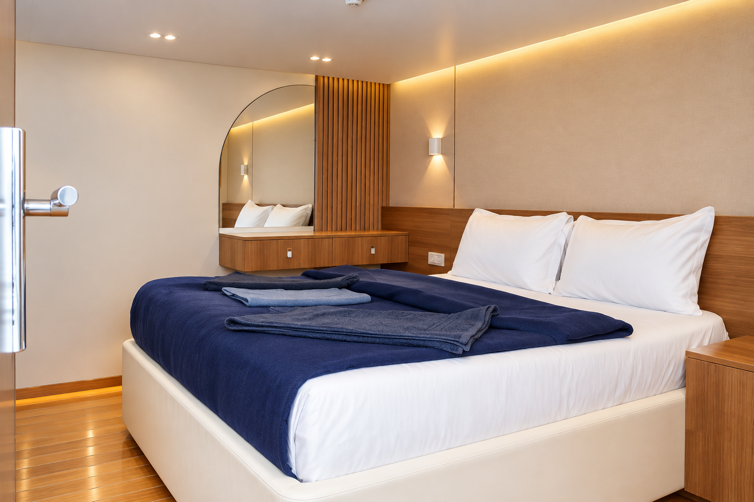 Suite cabin interior with a double bed