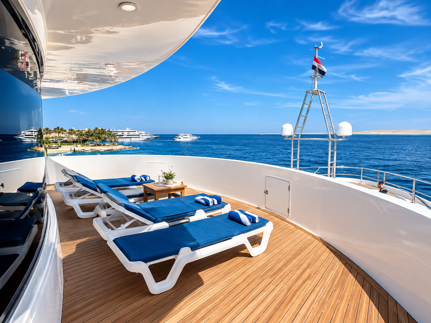 Sun deck with loungers and shaded seating