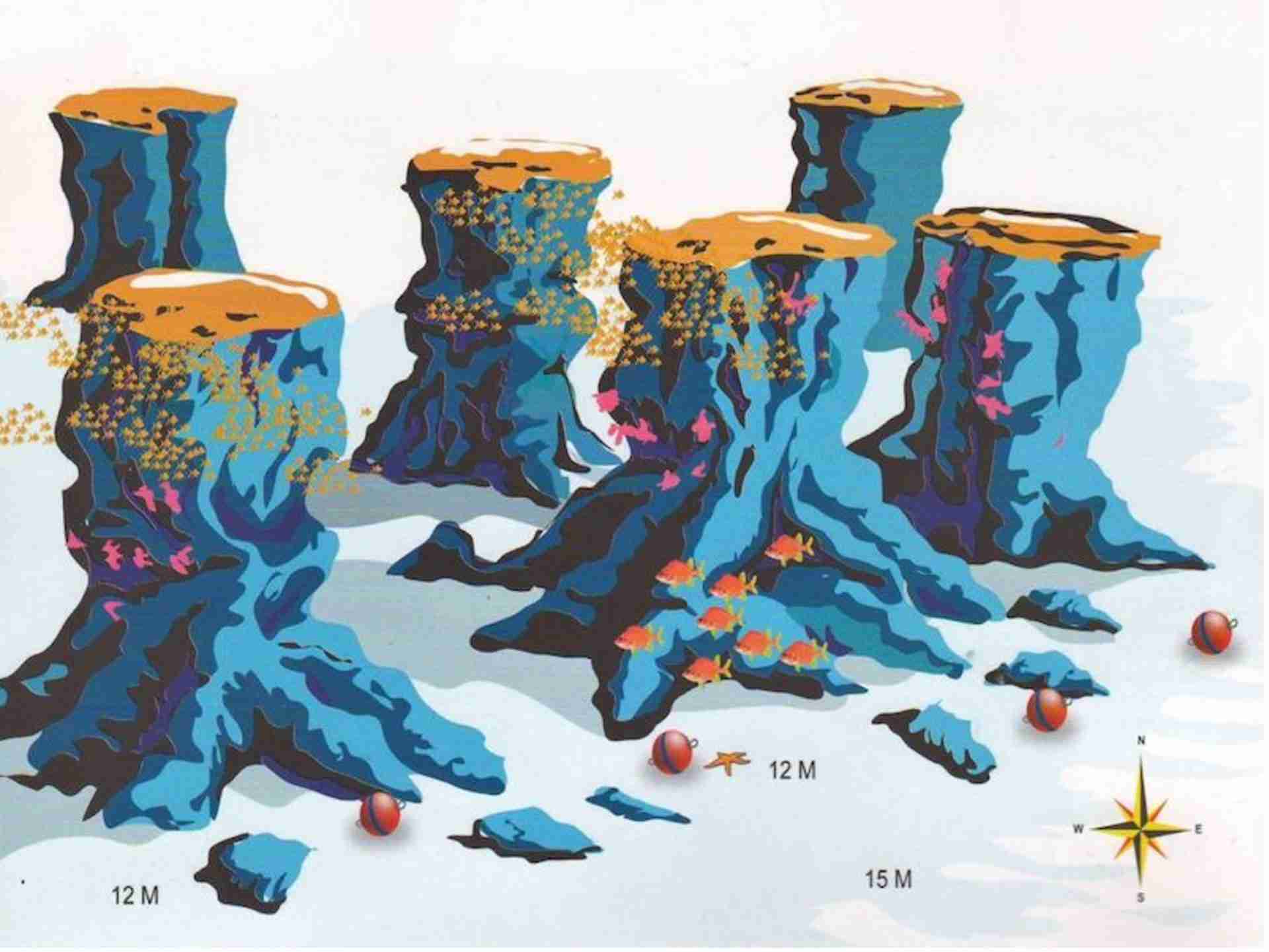 Map of Tobia Arbaa, the Seven Pillars, showing five pinnacles on a flat sandy bottom