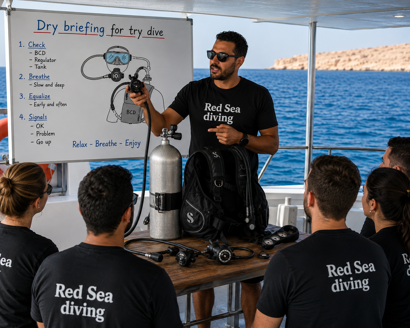 Dive instructor giving the dry briefing before a Try Dive onboard a Red Sea boat in Hurghada